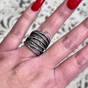 Henri Bendel Swarovski Cocktail Ring Crystal Gunmetal Silver Wrap Crisscross L